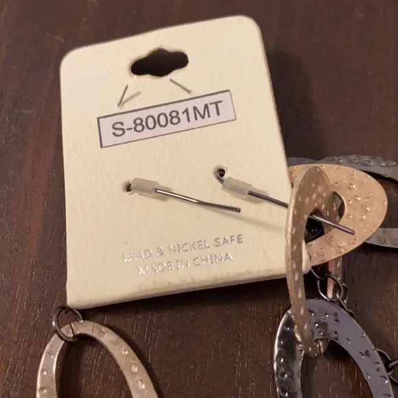 TriTone Textured Link Necklace & Earring Set Bronze Silver and Gold Tone New - Picture 4 of 6